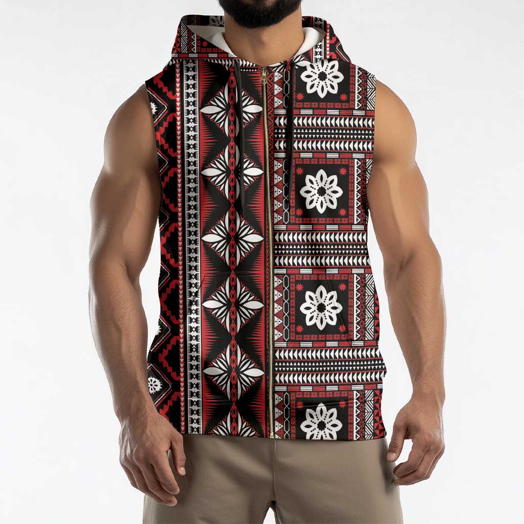 Fiji Masi Tapa Pattern Red Sleeveless Zip Hoodie - Polynesian Pride