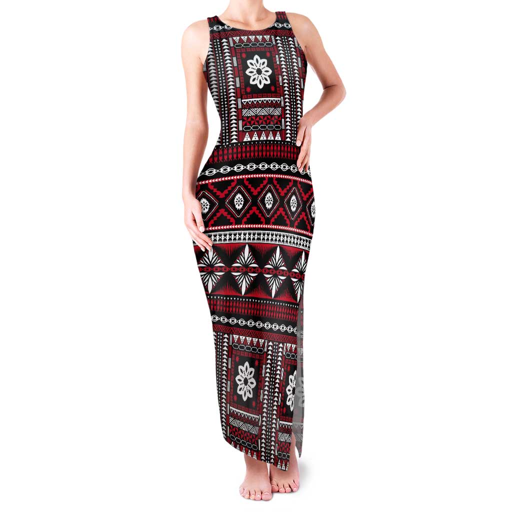 Fiji Masi Tapa Pattern Red Tank Maxi Dress - Polynesian Pride
