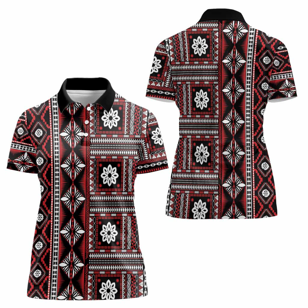 Fiji Masi Tapa Pattern Red Women Polo Shirt LT01 - Polynesian Pride