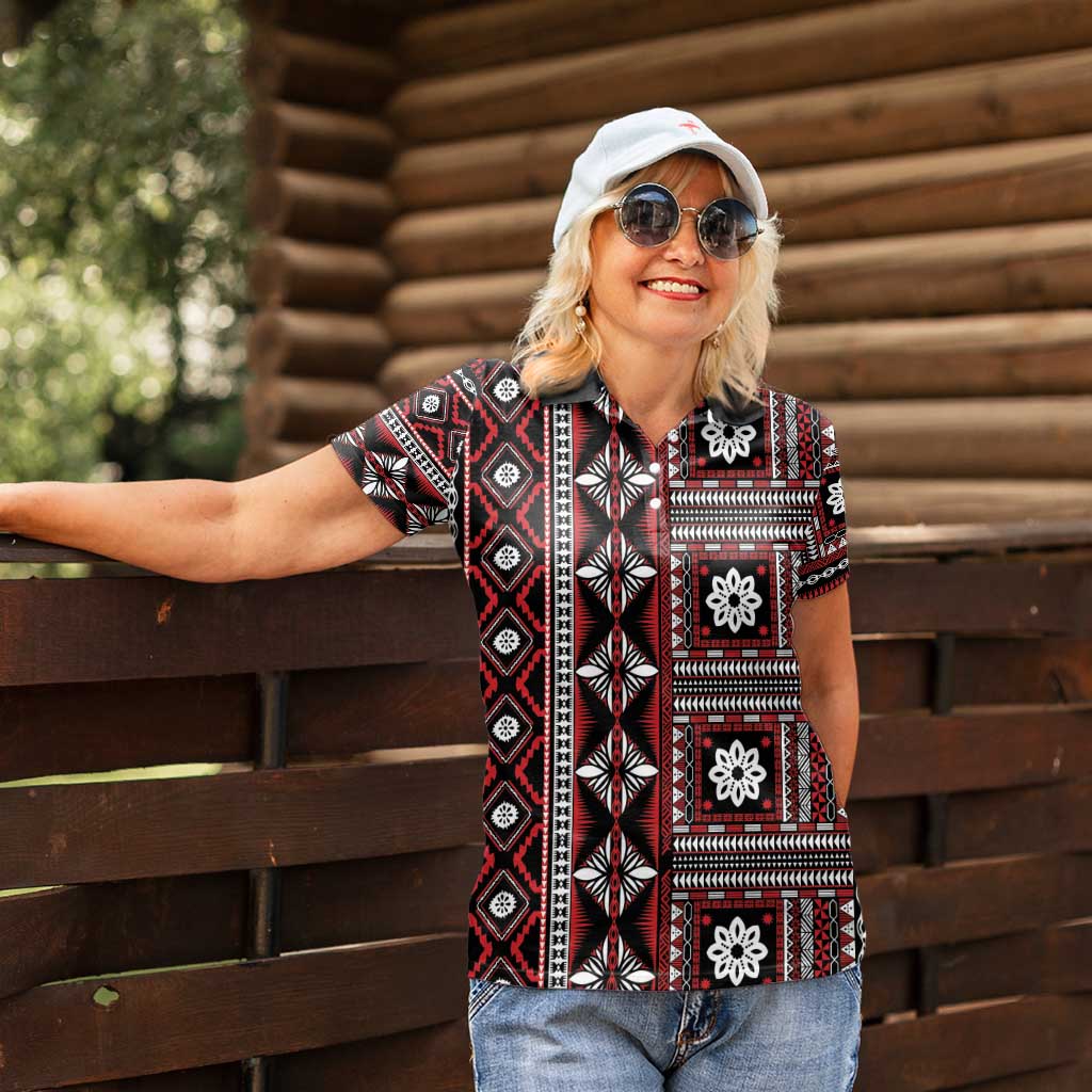 Fiji Masi Tapa Pattern Red Women Polo Shirt LT01 - Polynesian Pride