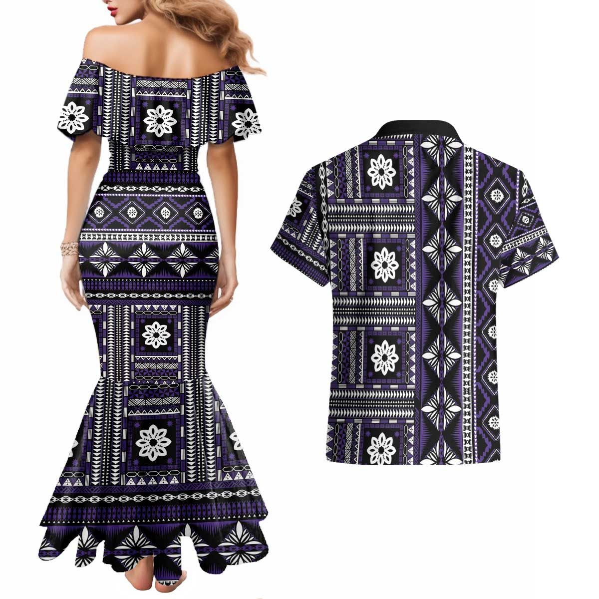 Fiji Masi Tapa Pattern Purple Couples Matching Mermaid Dress and Hawaiian Shirt - Polynesian Pride