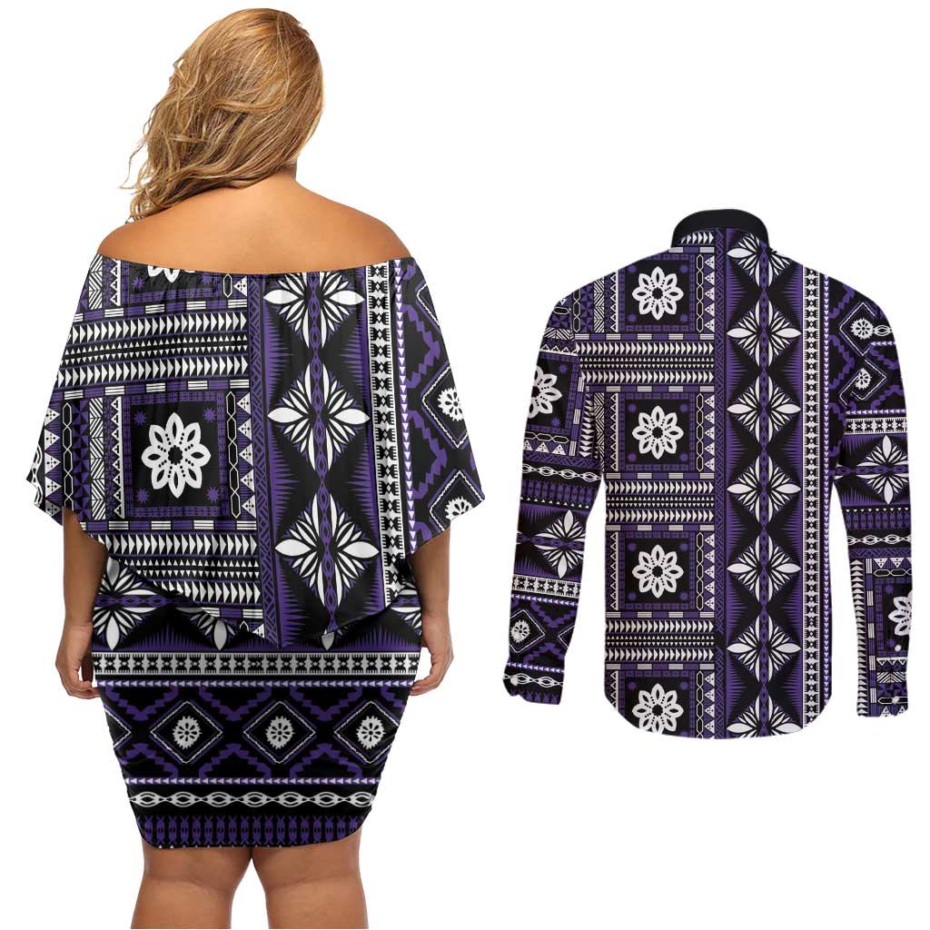 Fiji Masi Tapa Pattern Purple Couples Matching Off Shoulder Short Dress and Long Sleeve Button Shirt - Polynesian Pride