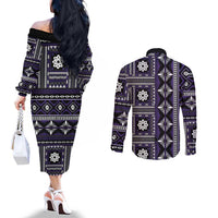 Fiji Masi Tapa Pattern Purple Couples Matching Off The Shoulder Long Sleeve Dress and Long Sleeve Button Shirt - Polynesian Pride