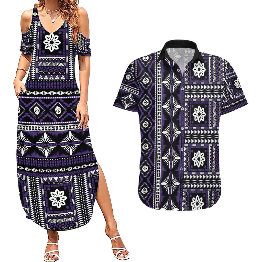Fiji Masi Tapa Pattern Purple Couples Matching Summer Maxi Dress and Hawaiian Shirt - Polynesian Pride