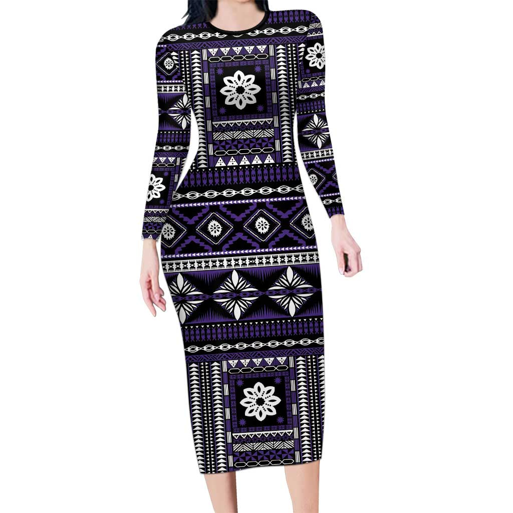 Fiji Masi Tapa Pattern Purple Family Matching Long Sleeve Bodycon Dress and Hawaiian Shirt - Polynesian Pride