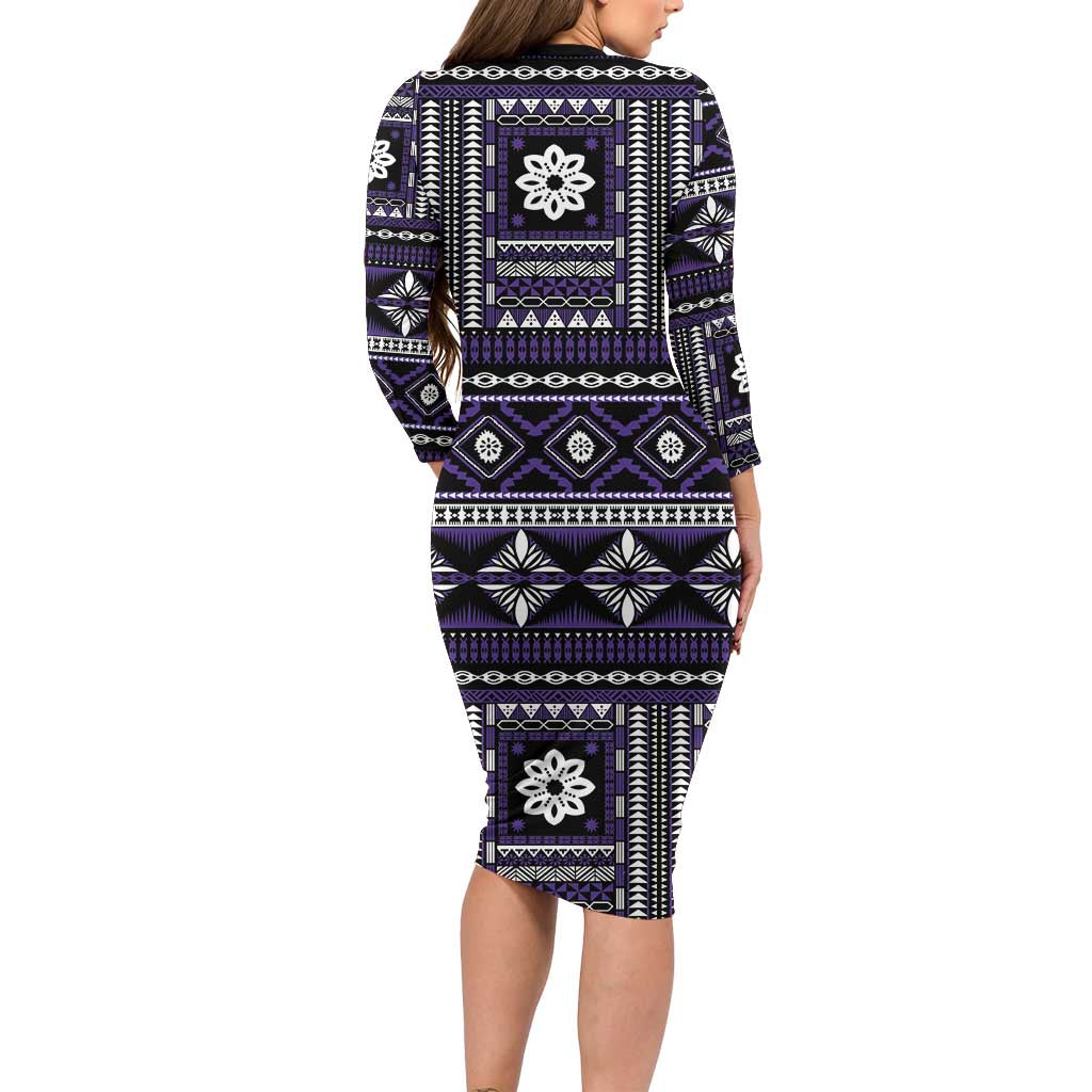 Fiji Masi Tapa Pattern Purple Family Matching Long Sleeve Bodycon Dress and Hawaiian Shirt - Polynesian Pride
