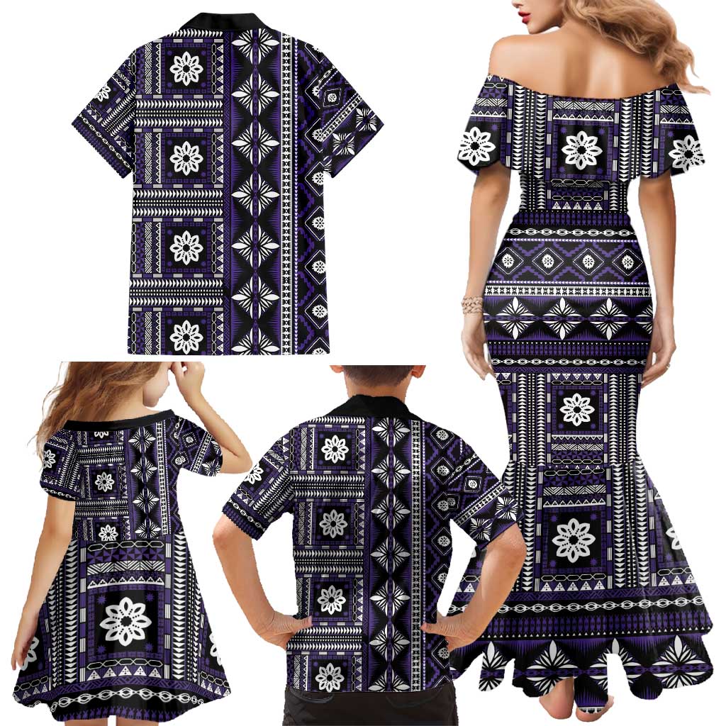 Fiji Masi Tapa Pattern Purple Family Matching Mermaid Dress and Hawaiian Shirt - Polynesian Pride