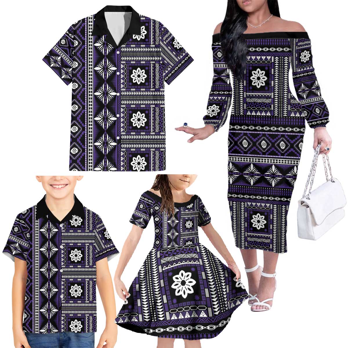 Fiji Masi Tapa Pattern Purple Family Matching Off The Shoulder Long Sleeve Dress and Hawaiian Shirt - Polynesian Pride