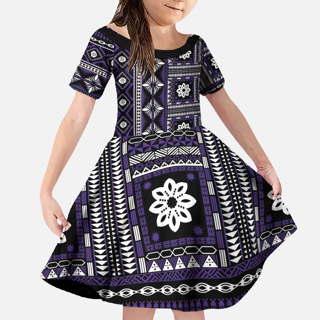 Fiji Masi Tapa Pattern Purple Family Matching Off Shoulder Maxi Dress and Hawaiian Shirt - Polynesian Pride