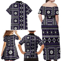 Fiji Masi Tapa Pattern Purple Family Matching Off Shoulder Maxi Dress and Hawaiian Shirt - Polynesian Pride