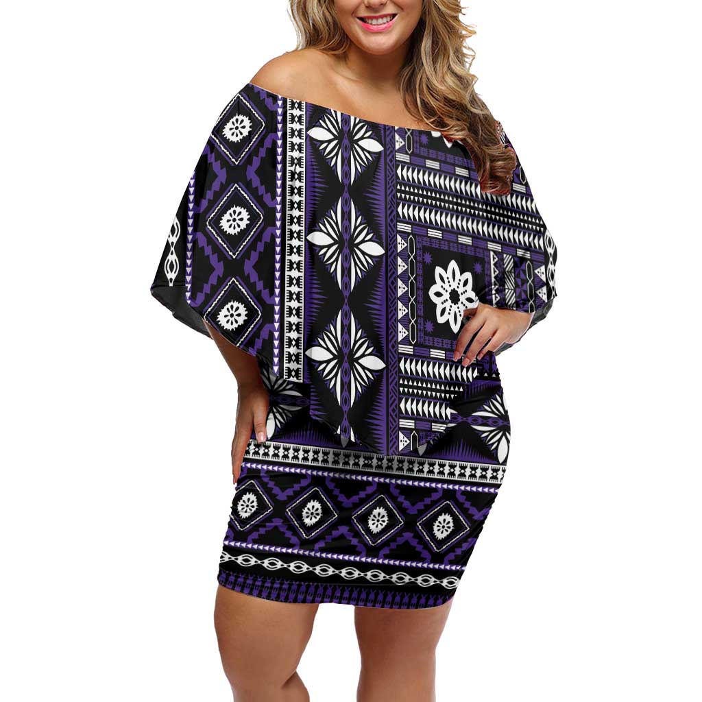 Fiji Masi Tapa Pattern Purple Family Matching Off Shoulder Short Dress and Hawaiian Shirt - Polynesian Pride
