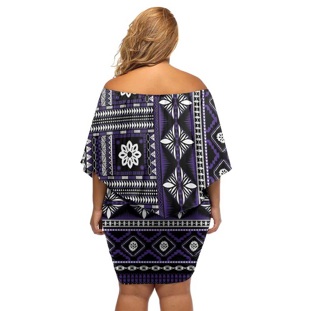 Fiji Masi Tapa Pattern Purple Family Matching Off Shoulder Short Dress and Hawaiian Shirt - Polynesian Pride