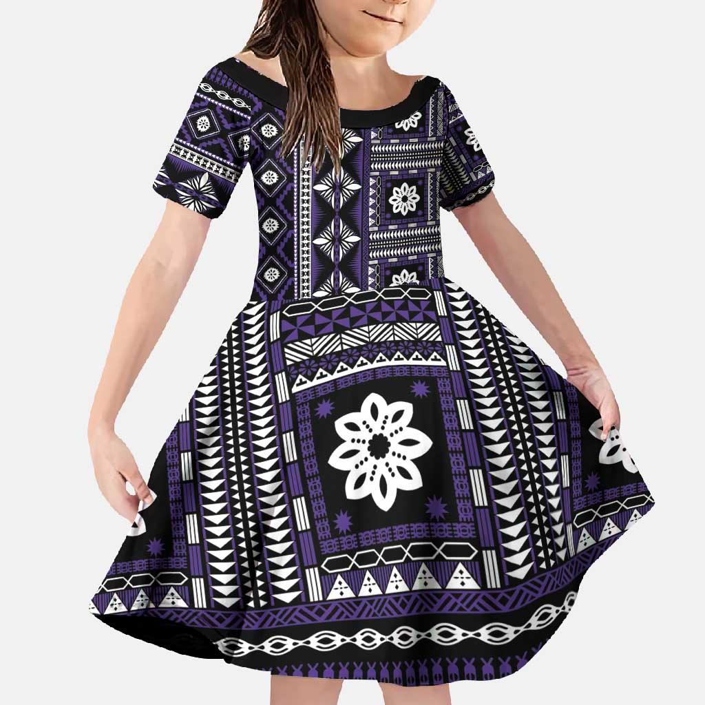 Fiji Masi Tapa Pattern Purple Family Matching Short Sleeve Bodycon Dress and Hawaiian Shirt - Polynesian Pride