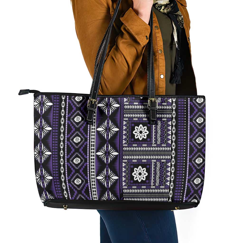 Fiji Masi Tapa Pattern Purple Leather Tote Bag - Polynesian Pride