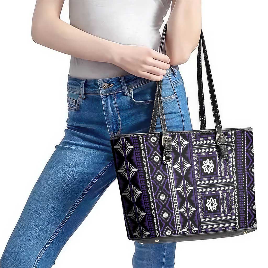 Fiji Masi Tapa Pattern Purple Leather Tote Bag - Polynesian Pride