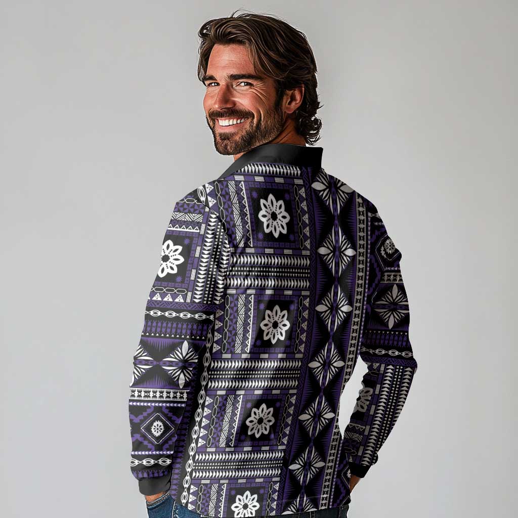 Fiji Masi Tapa Pattern Purple Long Sleeve Polo Shirt - Polynesian Pride
