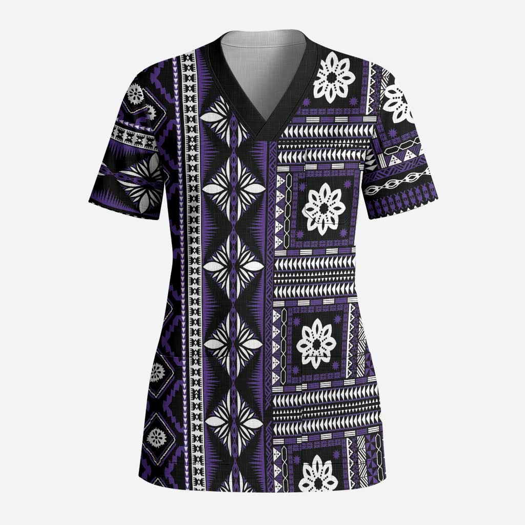 Fiji Masi Tapa Pattern Purple Scrub Top - Polynesian Pride