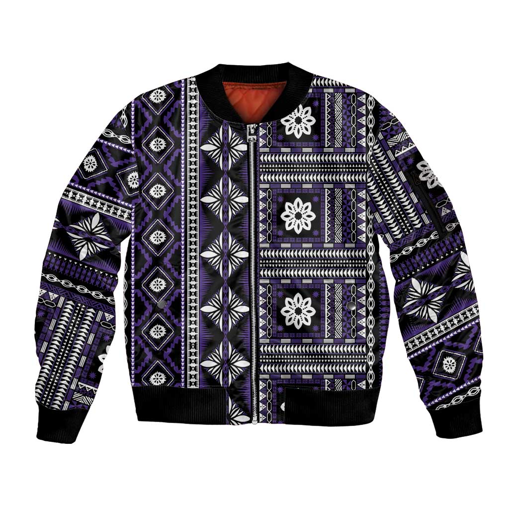 Fiji Masi Tapa Pattern Purple Sleeve Zip Bomber Jacket - Polynesian Pride