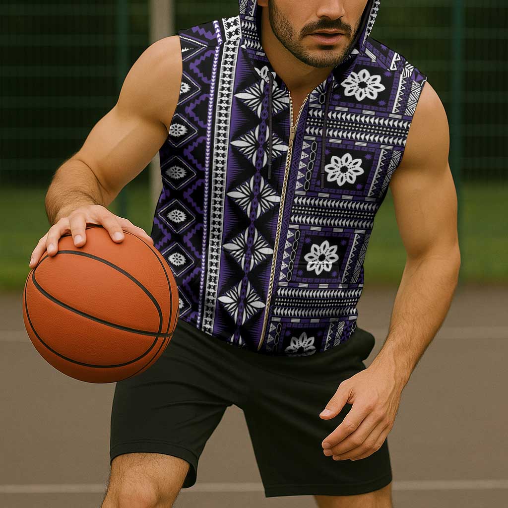 Fiji Masi Tapa Pattern Purple Sleeveless Zip Hoodie - Polynesian Pride