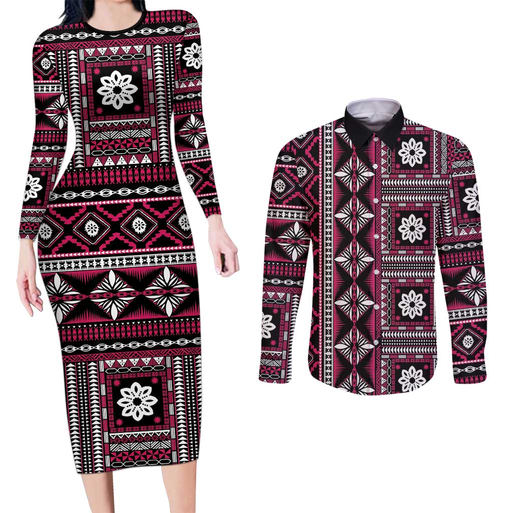 Fiji Masi Tapa Pattern Pink Couples Matching Long Sleeve Bodycon Dress and Long Sleeve Button Shirt - Polynesian Pride