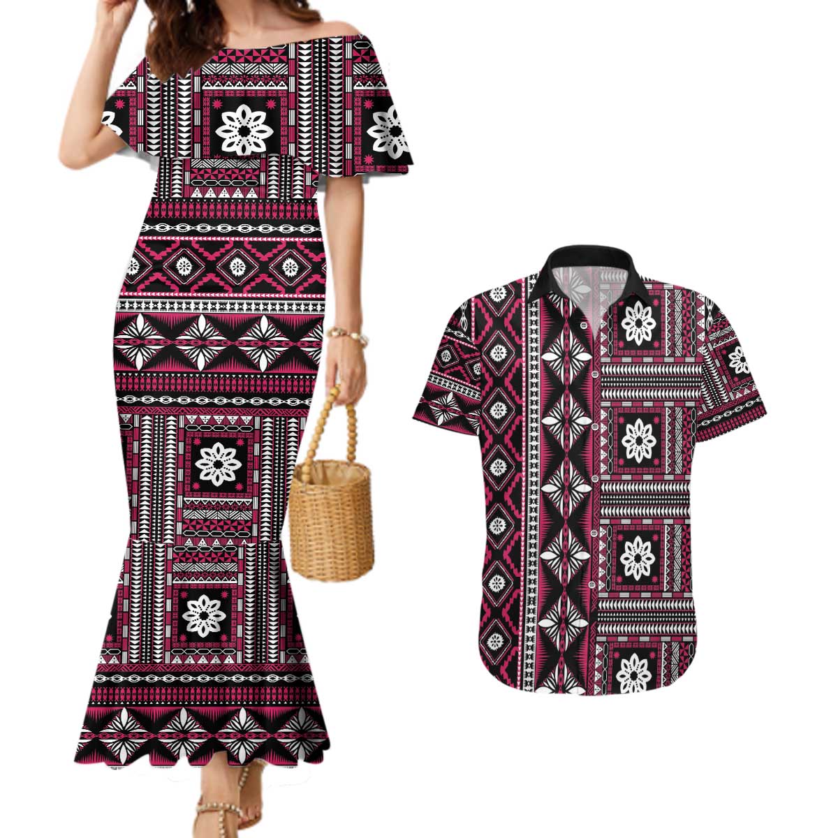 Fiji Masi Tapa Pattern Pink Couples Matching Mermaid Dress and Hawaiian Shirt - Polynesian Pride