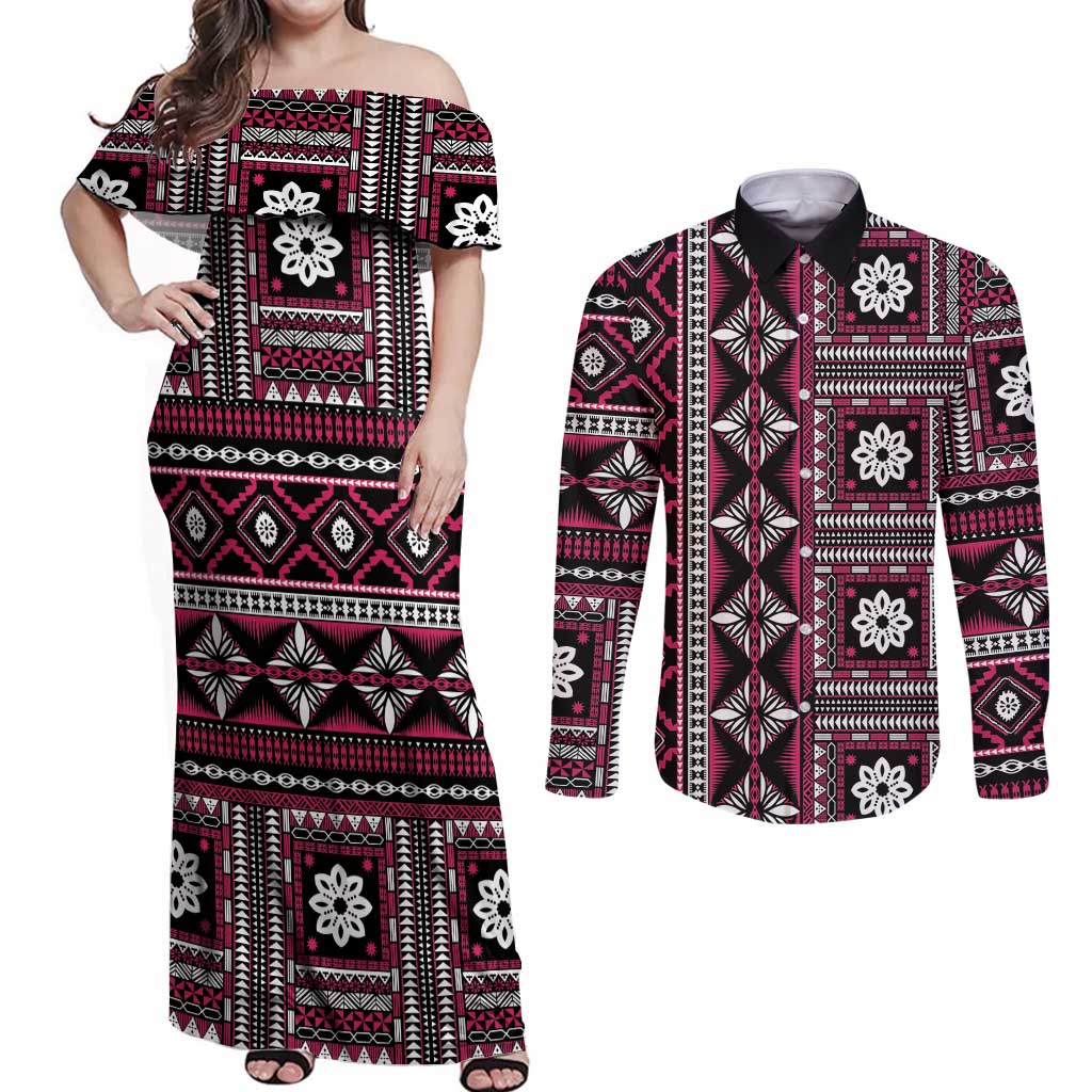 Fiji Masi Tapa Pattern Pink Couples Matching Off Shoulder Maxi Dress and Long Sleeve Button Shirt - Polynesian Pride
