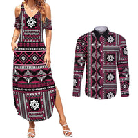 Fiji Masi Tapa Pattern Pink Couples Matching Summer Maxi Dress and Long Sleeve Button Shirt - Polynesian Pride