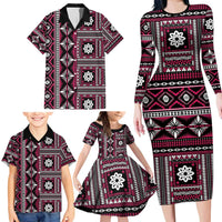 Fiji Masi Tapa Pattern Pink Family Matching Long Sleeve Bodycon Dress and Hawaiian Shirt - Polynesian Pride