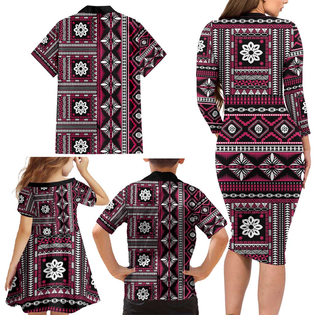 Fiji Masi Tapa Pattern Pink Family Matching Long Sleeve Bodycon Dress and Hawaiian Shirt - Polynesian Pride