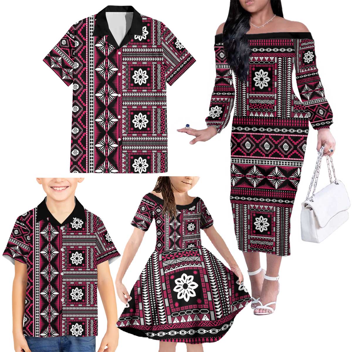 Fiji Masi Tapa Pattern Pink Family Matching Off The Shoulder Long Sleeve Dress and Hawaiian Shirt - Polynesian Pride