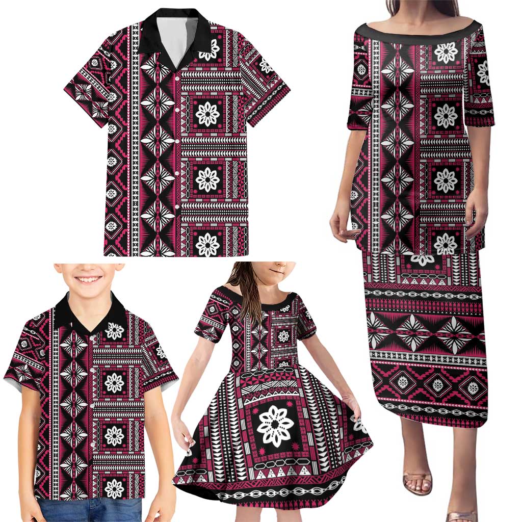 Fiji Masi Tapa Pattern Pink Family Matching Puletasi and Hawaiian Shirt - Polynesian Pride