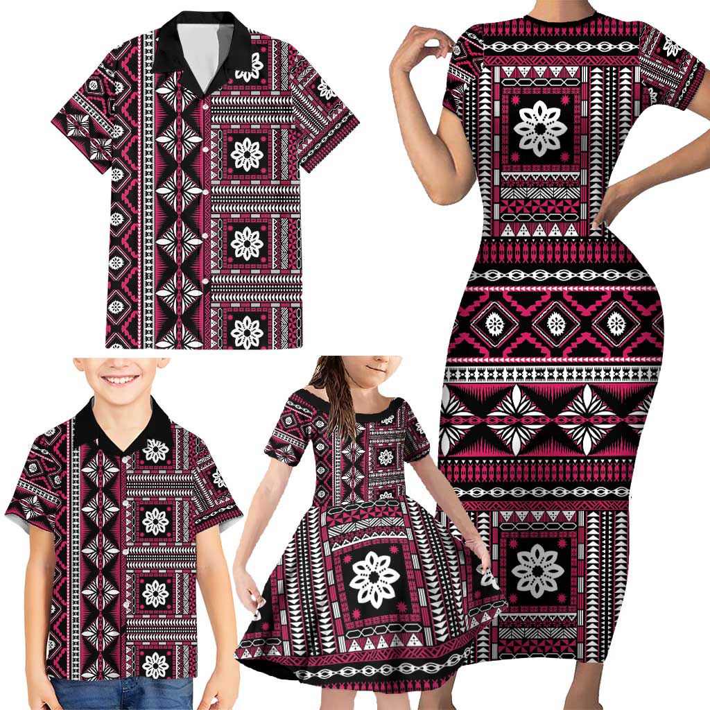 Fiji Masi Tapa Pattern Pink Family Matching Short Sleeve Bodycon Dress and Hawaiian Shirt - Polynesian Pride