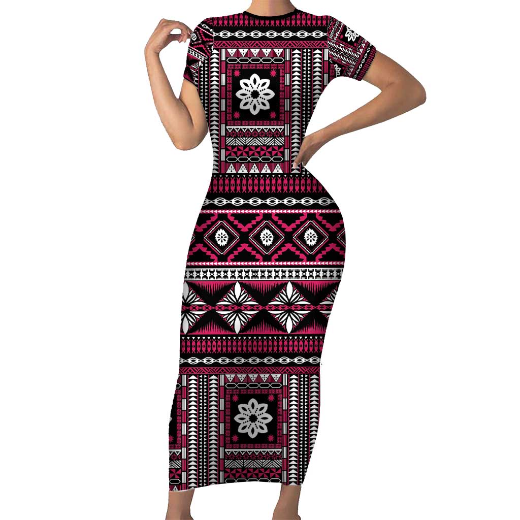 Fiji Masi Tapa Pattern Pink Family Matching Short Sleeve Bodycon Dress and Hawaiian Shirt - Polynesian Pride