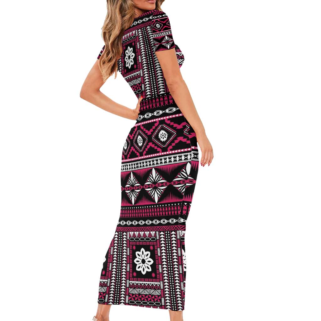 Fiji Masi Tapa Pattern Pink Family Matching Short Sleeve Bodycon Dress and Hawaiian Shirt - Polynesian Pride