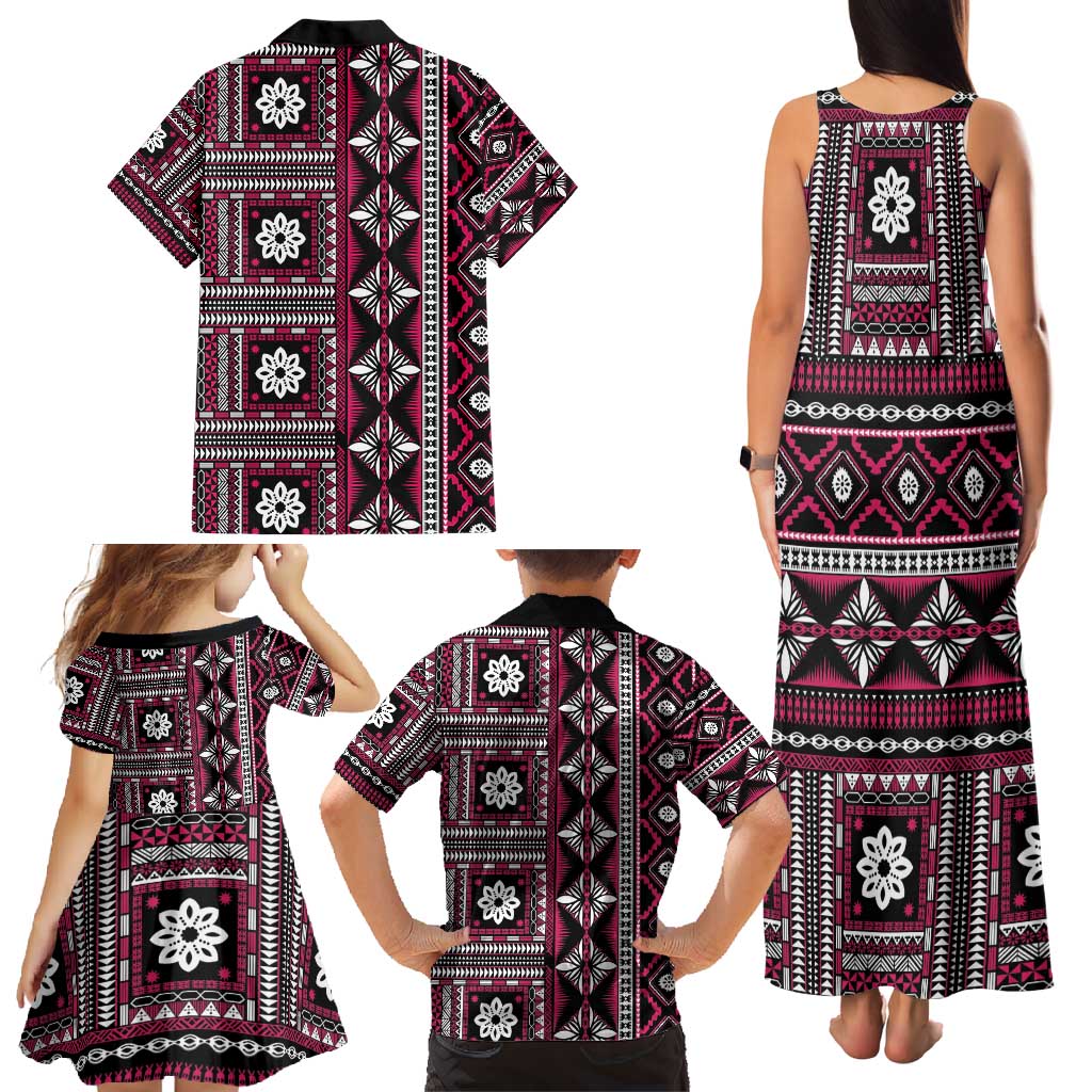 Fiji Masi Tapa Pattern Pink Family Matching Tank Maxi Dress and Hawaiian Shirt - Polynesian Pride