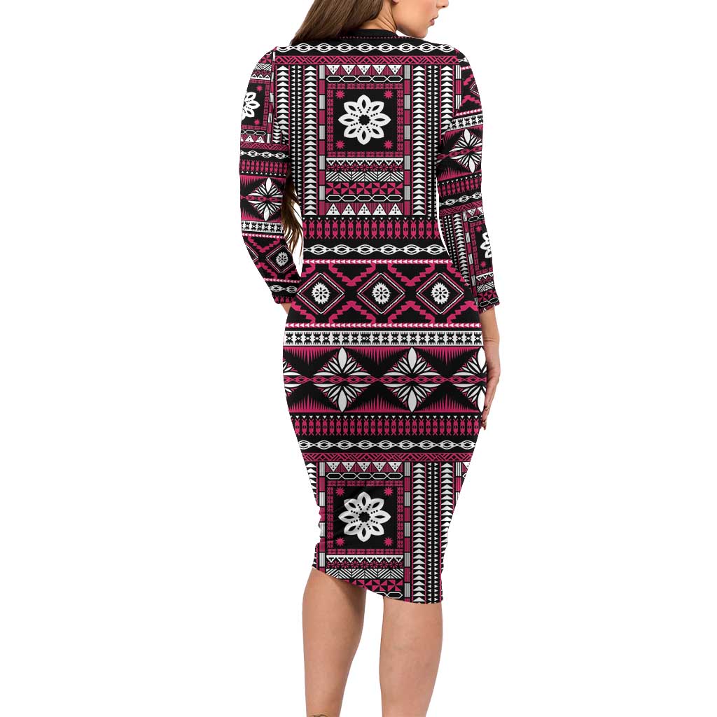 Fiji Masi Tapa Pattern Pink Long Sleeve Bodycon Dress - Polynesian Pride