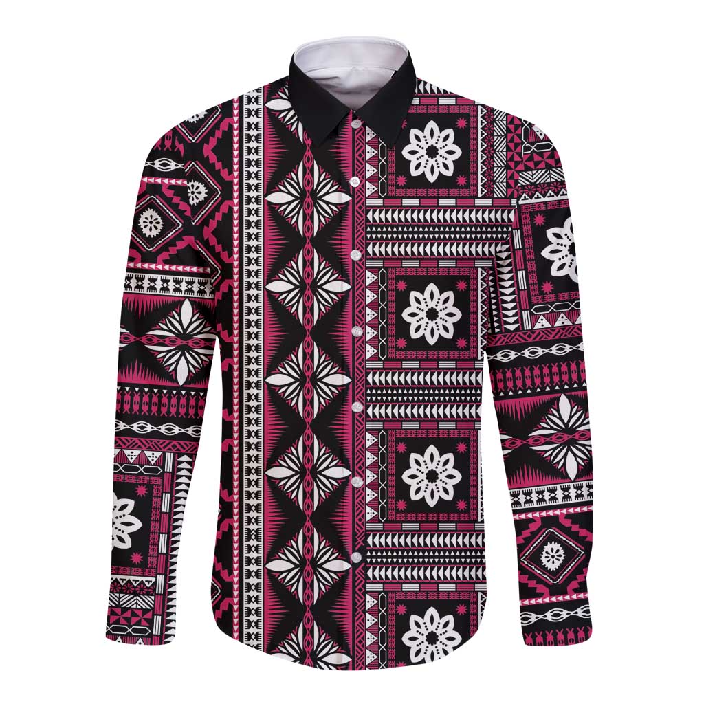 Fiji Masi Tapa Pattern Pink Long Sleeve Button Shirt - Polynesian Pride