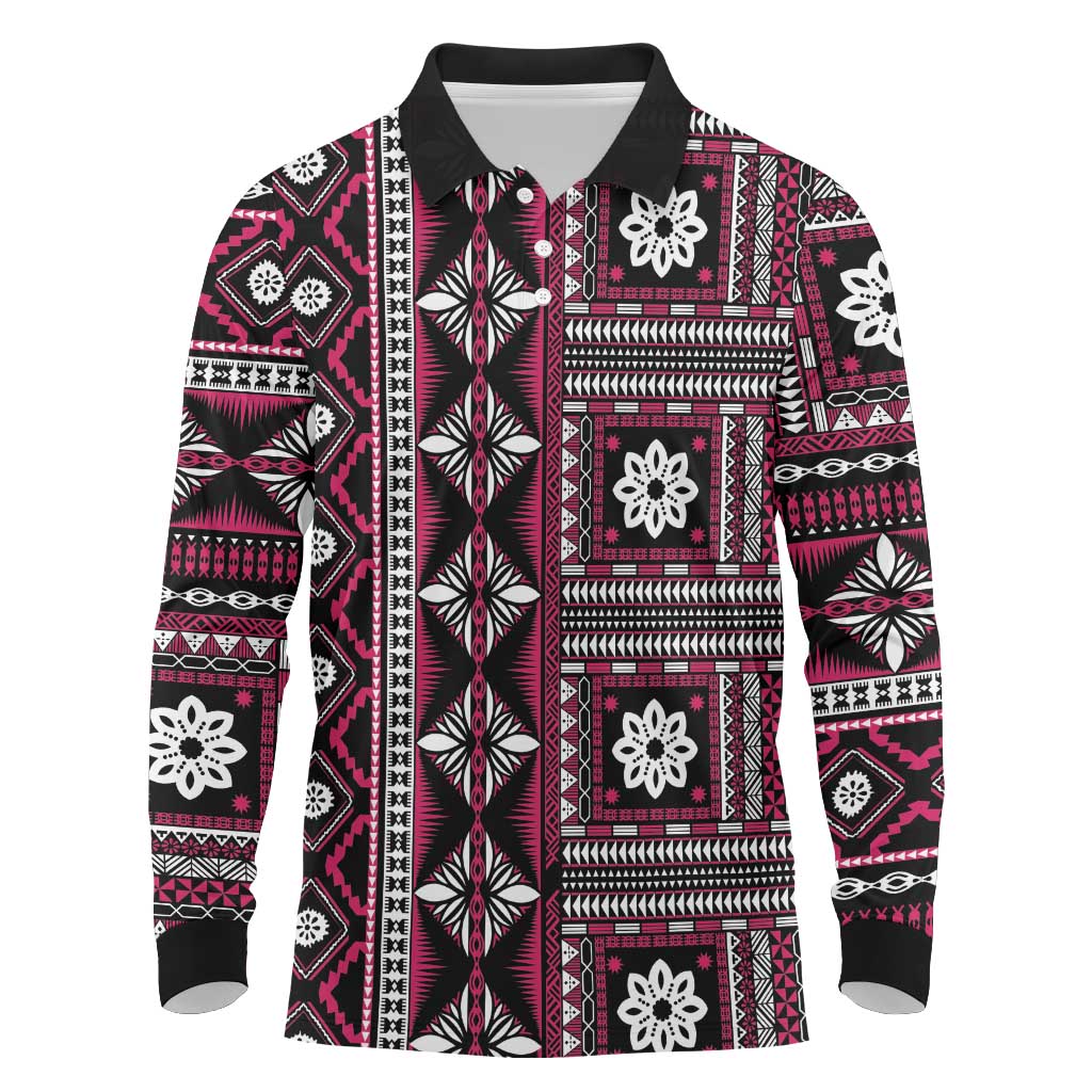 Fiji Masi Tapa Pattern Pink Long Sleeve Polo Shirt - Polynesian Pride