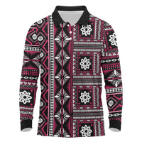 Fiji Masi Tapa Pattern Pink Long Sleeve Polo Shirt - Polynesian Pride