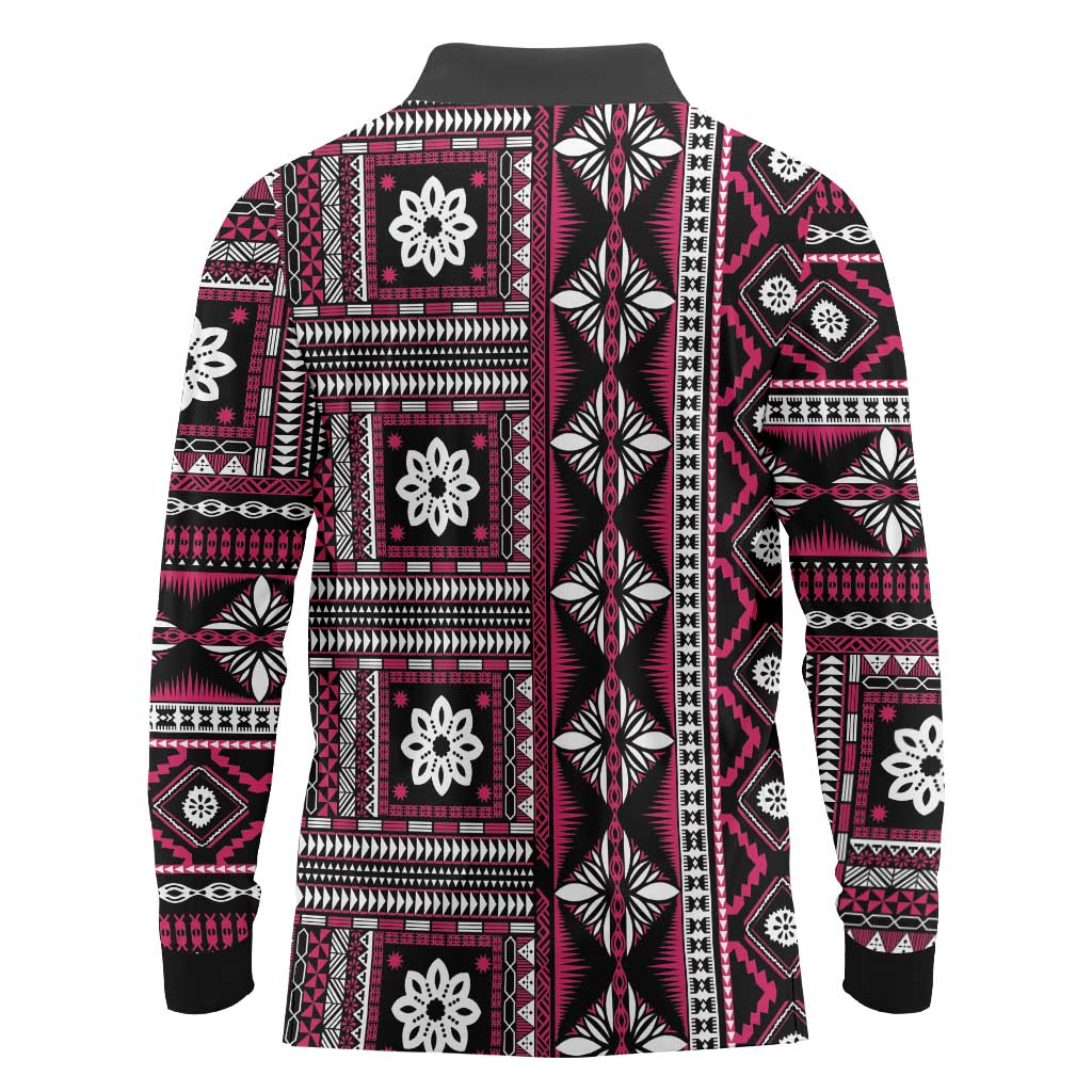 Fiji Masi Tapa Pattern Pink Long Sleeve Polo Shirt - Polynesian Pride