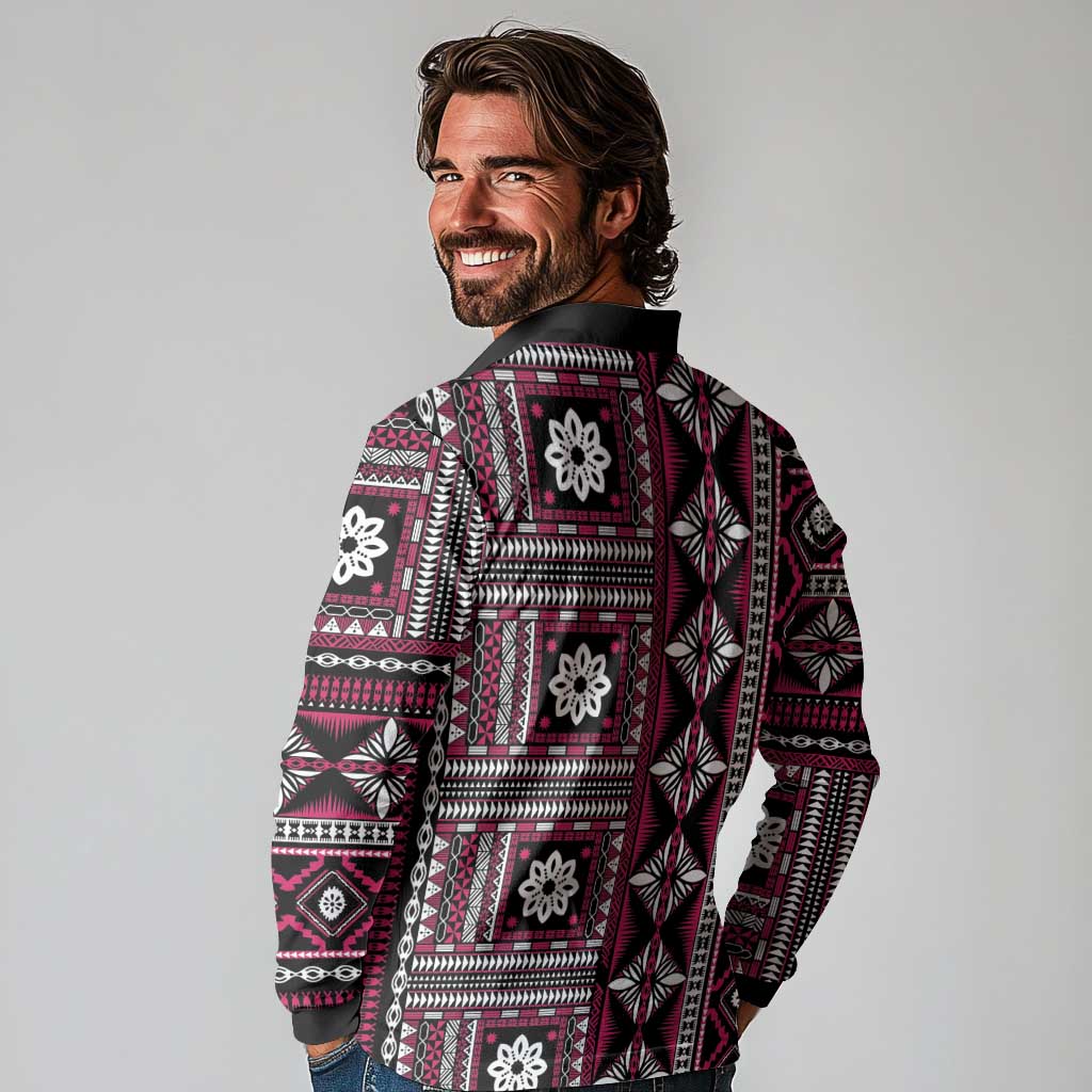 Fiji Masi Tapa Pattern Pink Long Sleeve Polo Shirt - Polynesian Pride