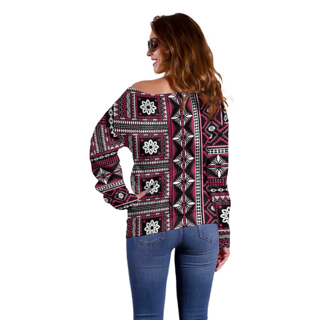 Fiji Masi Tapa Pattern Pink Off Shoulder Sweater - Polynesian Pride
