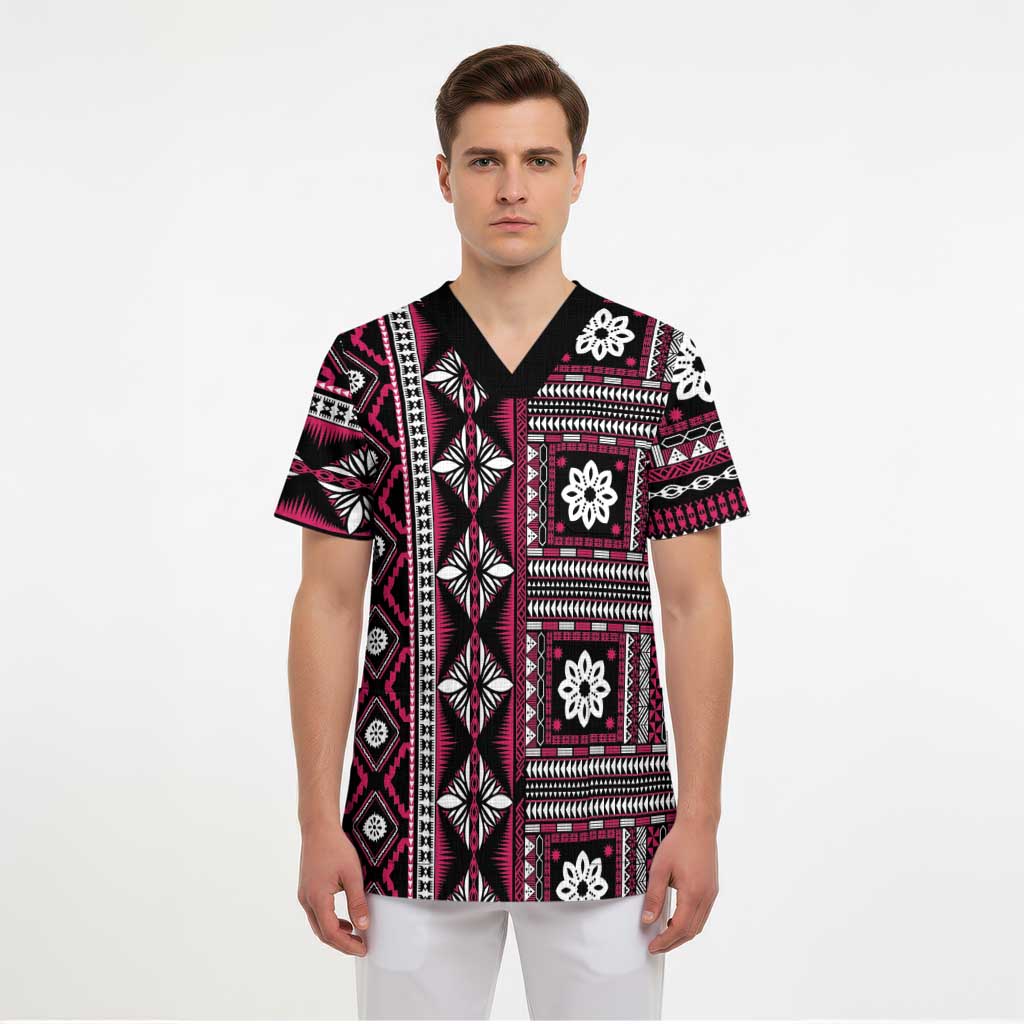 Fiji Masi Tapa Pattern Pink Scrub Top - Polynesian Pride
