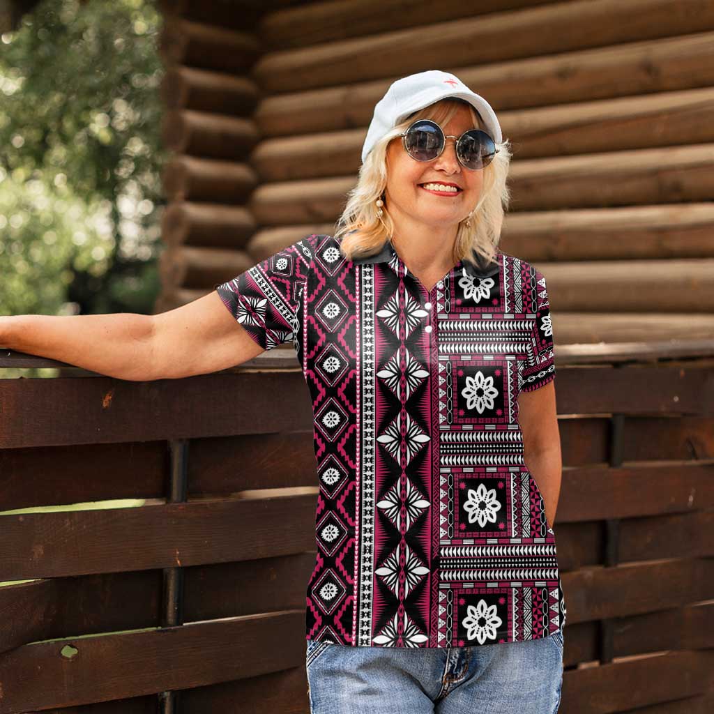 Fiji Masi Tapa Pattern Pink Women Polo Shirt - Polynesian Pride