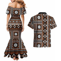 Fiji Masi Tapa Pattern Orange Couples Matching Mermaid Dress and Hawaiian Shirt - Polynesian Pride