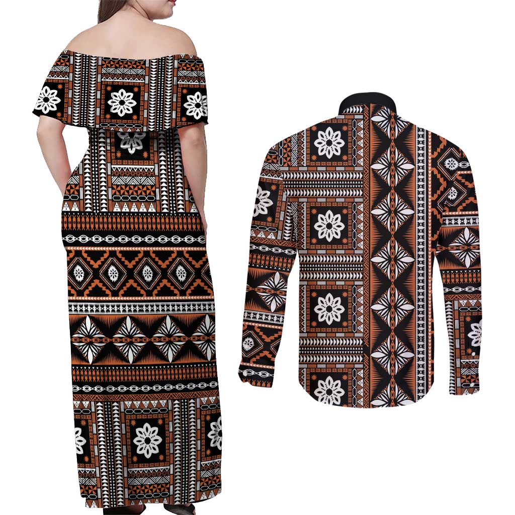 Fiji Masi Tapa Pattern Orange Couples Matching Off Shoulder Maxi Dress and Long Sleeve Button Shirt - Polynesian Pride