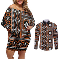 Fiji Masi Tapa Pattern Orange Couples Matching Off Shoulder Short Dress and Long Sleeve Button Shirt - Polynesian Pride