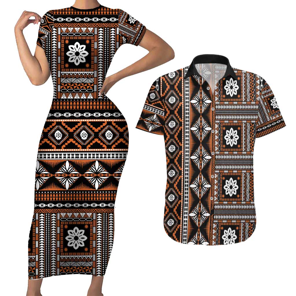 Fiji Masi Tapa Pattern Orange Couples Matching Short Sleeve Bodycon Dress and Hawaiian Shirt - Polynesian Pride