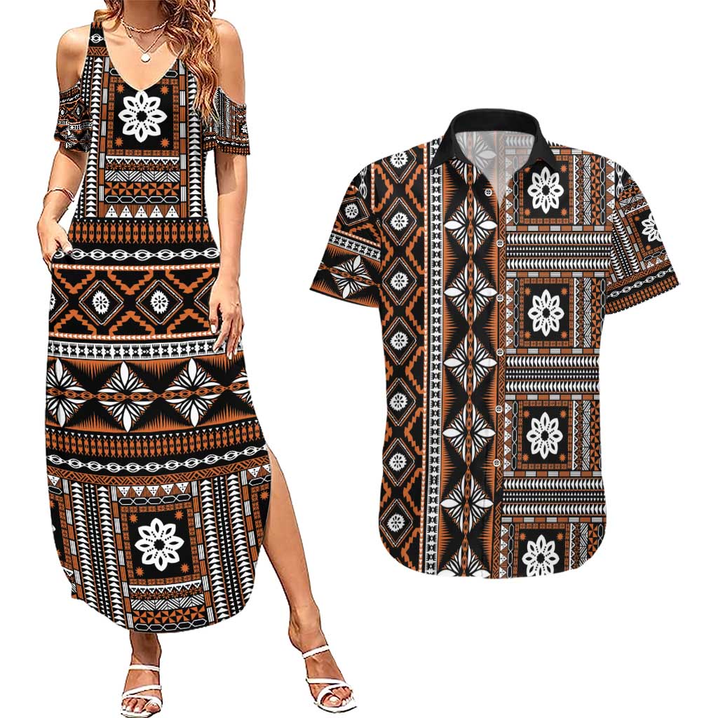 Fiji Masi Tapa Pattern Orange Couples Matching Summer Maxi Dress and Hawaiian Shirt - Polynesian Pride