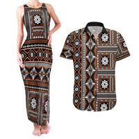 Fiji Masi Tapa Pattern Orange Couples Matching Tank Maxi Dress and Hawaiian Shirt - Polynesian Pride